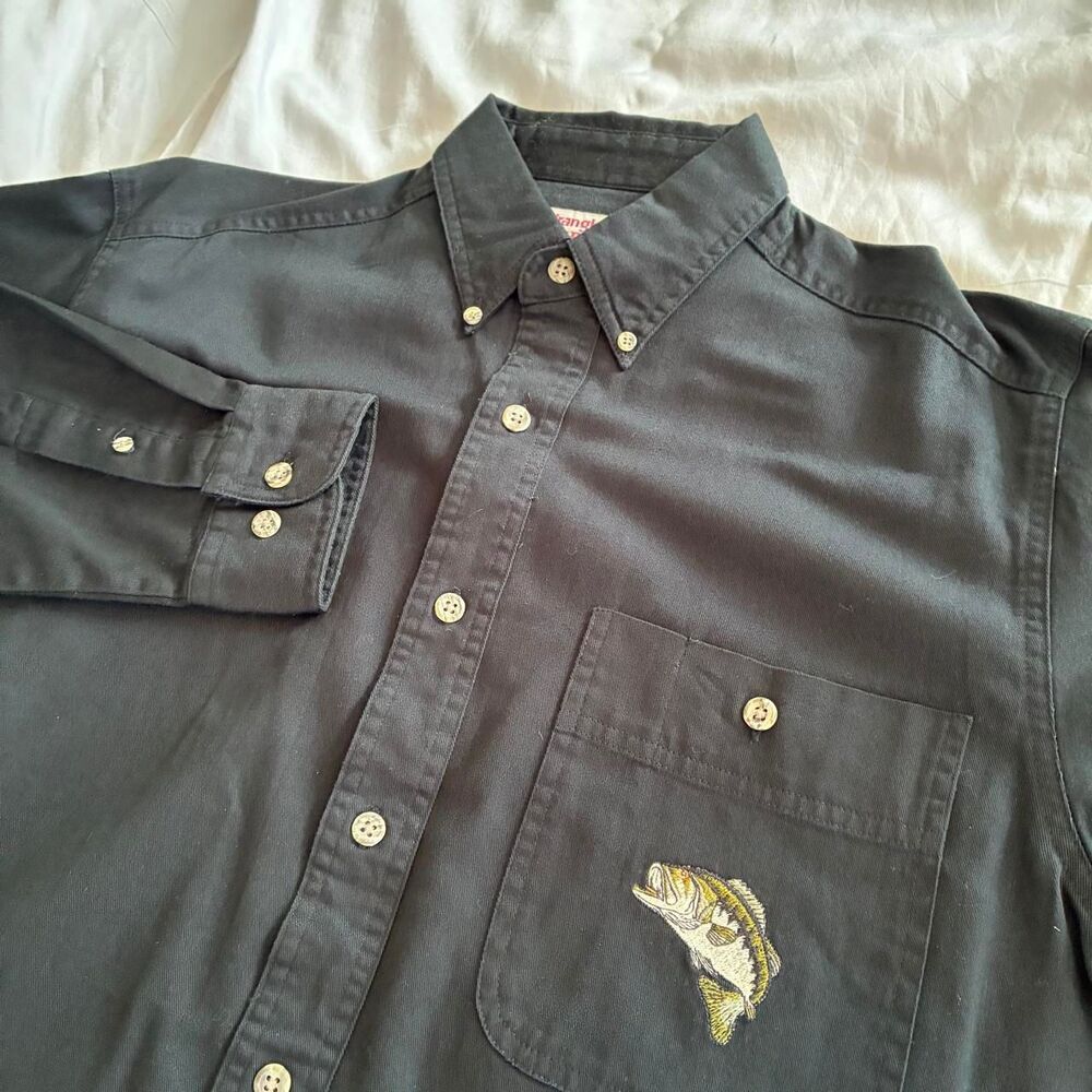 Wrangler Rugged Wear Bass Fish Embroidered Shirt Black Men’s Medium Cotton